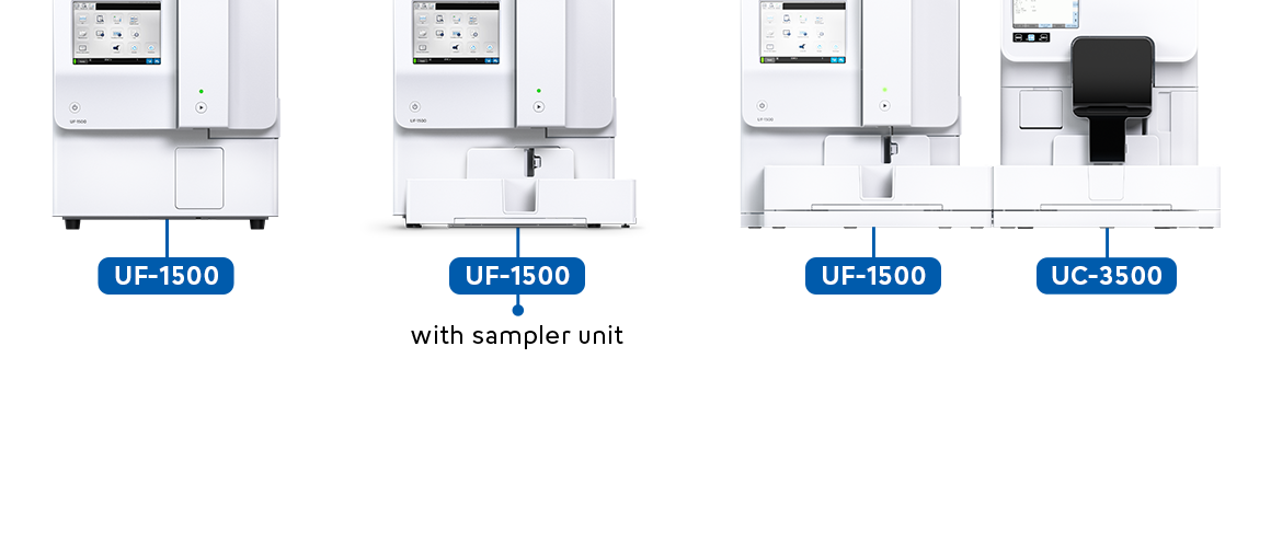 An image illustrating the three main different ways you can customise the UF-1500. Features three main images. An image of the Uf-1500, the UF-1500 + sampler unit, and the UF-1500 + UC-3500. 